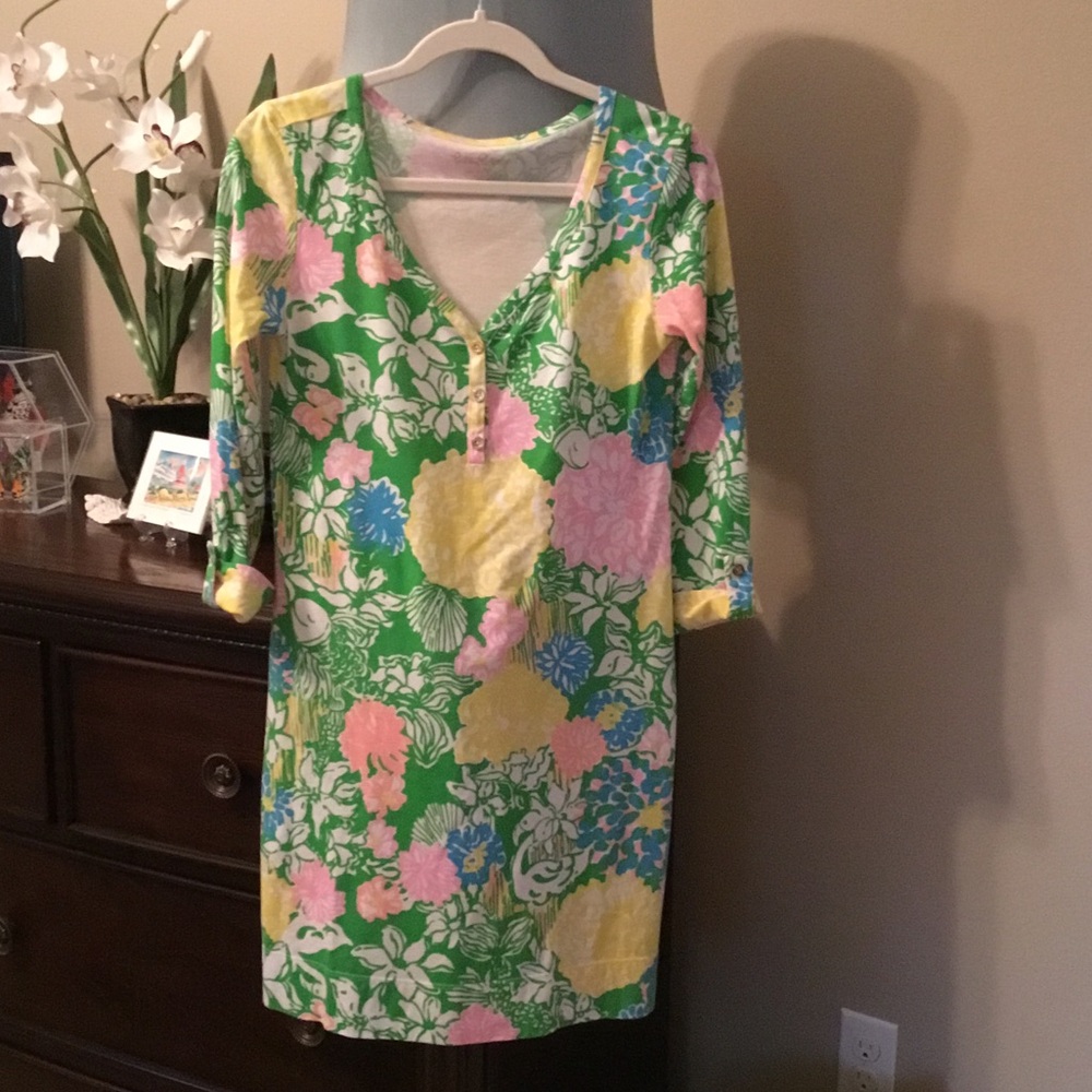 Lilly Pulitzer-EUC-Hibiscus Stroll Green Floral Midi Dress w/Pink, Yellow & Blue